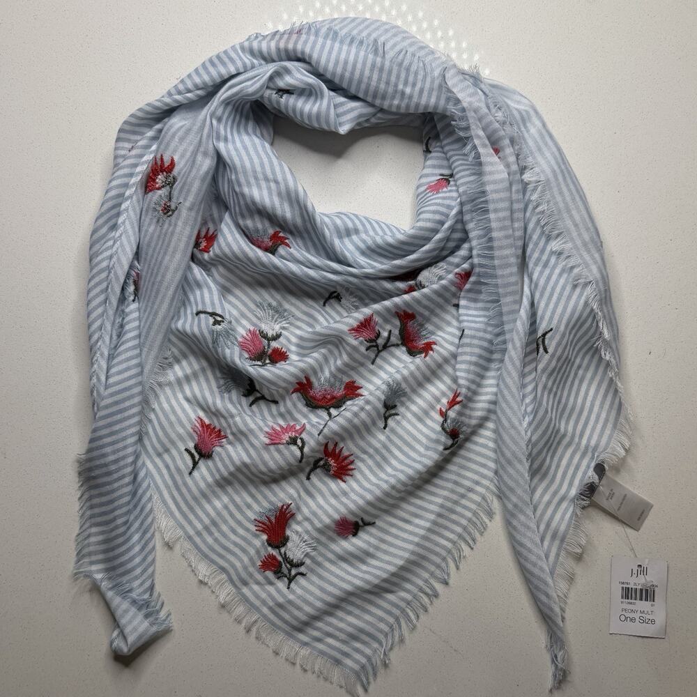 New J Jill Triangle Scarf Woven Stripe With Floral Embroidery NWT